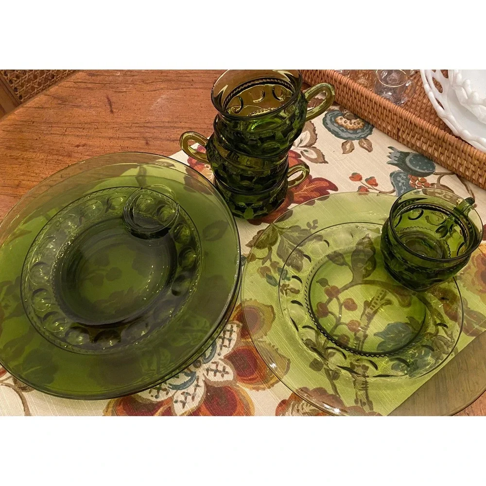 Set-of-2‎ Vintage Green Indiana Glass Kings Crown Thumbprint 8 1/2